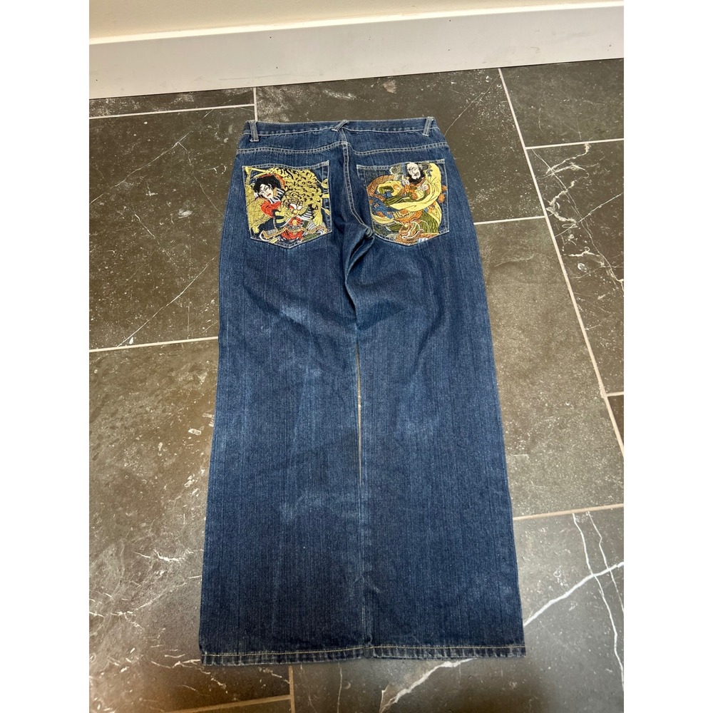 Ed Hardy Mens Embroidered Samurai Dragon Wide Leg Jeans Blue Denim 32x34